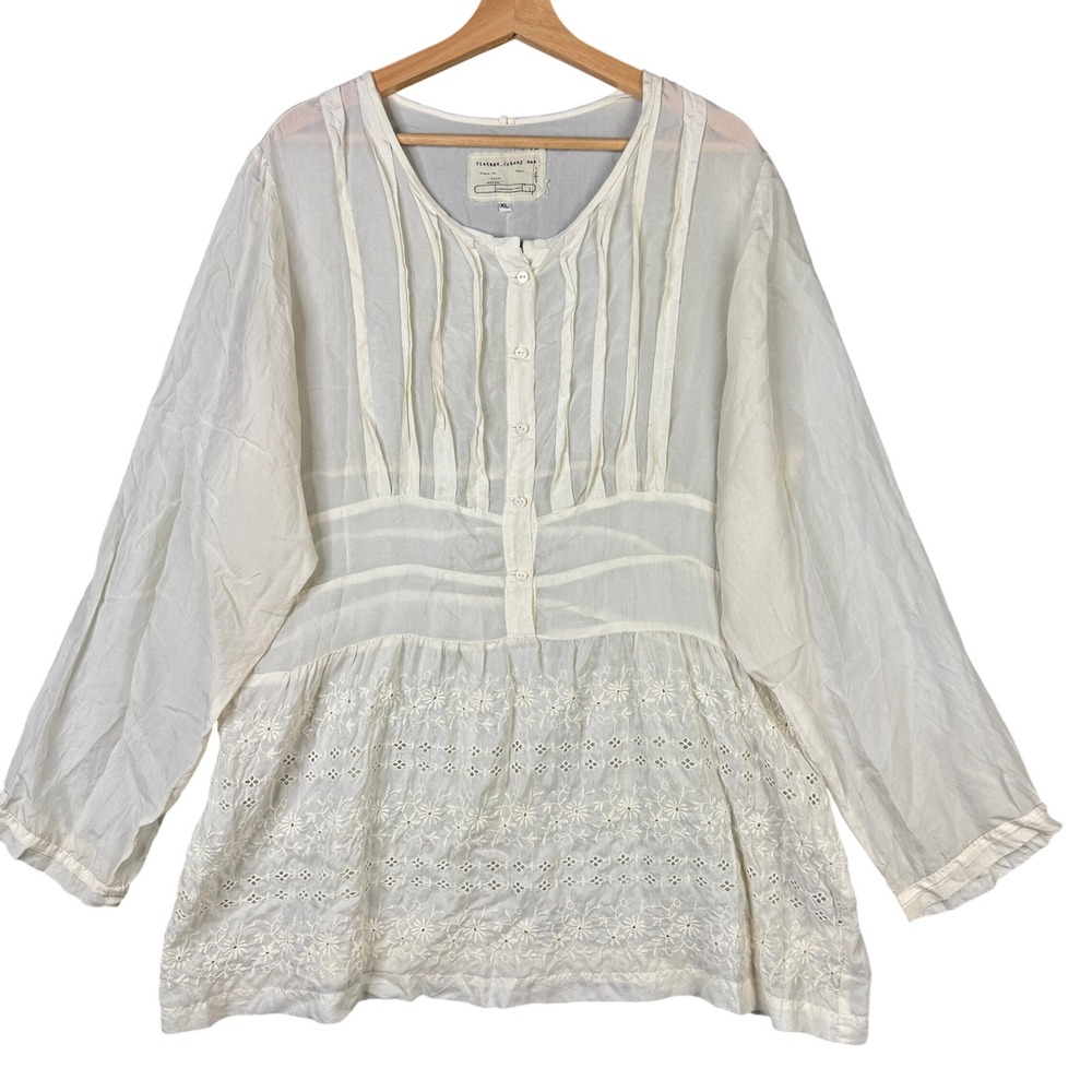 Vintage Johnny Was Silk Pintuck Eyelet Embroidered Tunic Blouse Ivory Size XL